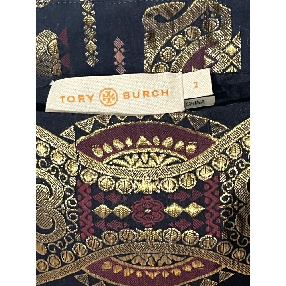 Tory Burch Gold Navy Metallic Jacquard Blouse Tunic Top - Authentic! - Picture 9 of 11